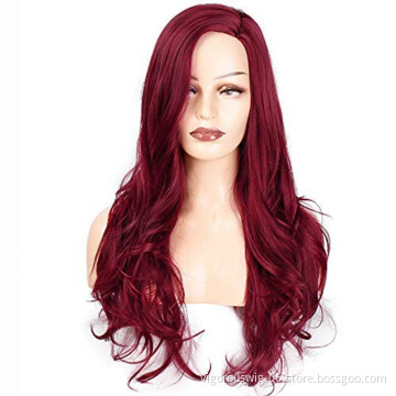 Vigorous Wholesale Cheap Side Part Burgundy Heat Resistant Fiber Body Wave Machine Made For Black Women Synthetic Hair Wigs